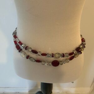 White House Black Market Crystal Chain Belt Red Clear Beads Silver 80s Glam Chic